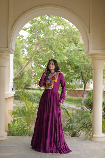 RangBhoomi Navratri Gown Collection 2026 — Wine, Rama & White Embroidered Mirror Work Gown
