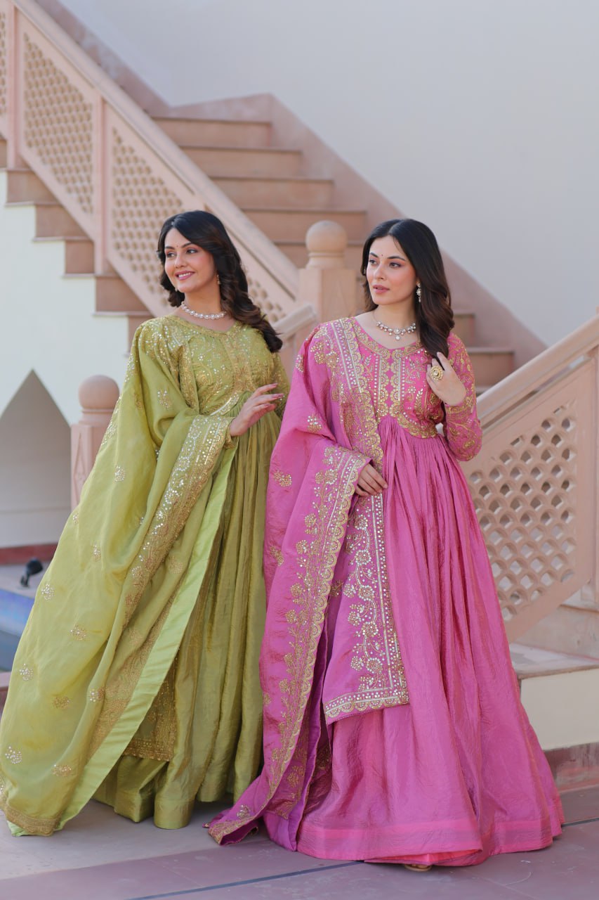 Trending Gold Gown: Crush Fabric, Embroidered Dupatta