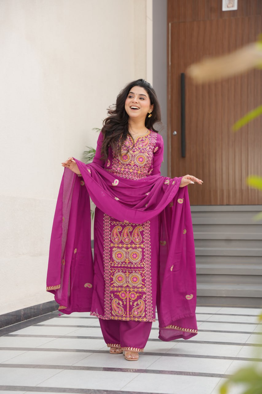 RangBhoomi Elegant Ready-to-Wear Top, Pant, and Dupatta Set with Intricate Multi-Thread Embroidery 2026 Collection