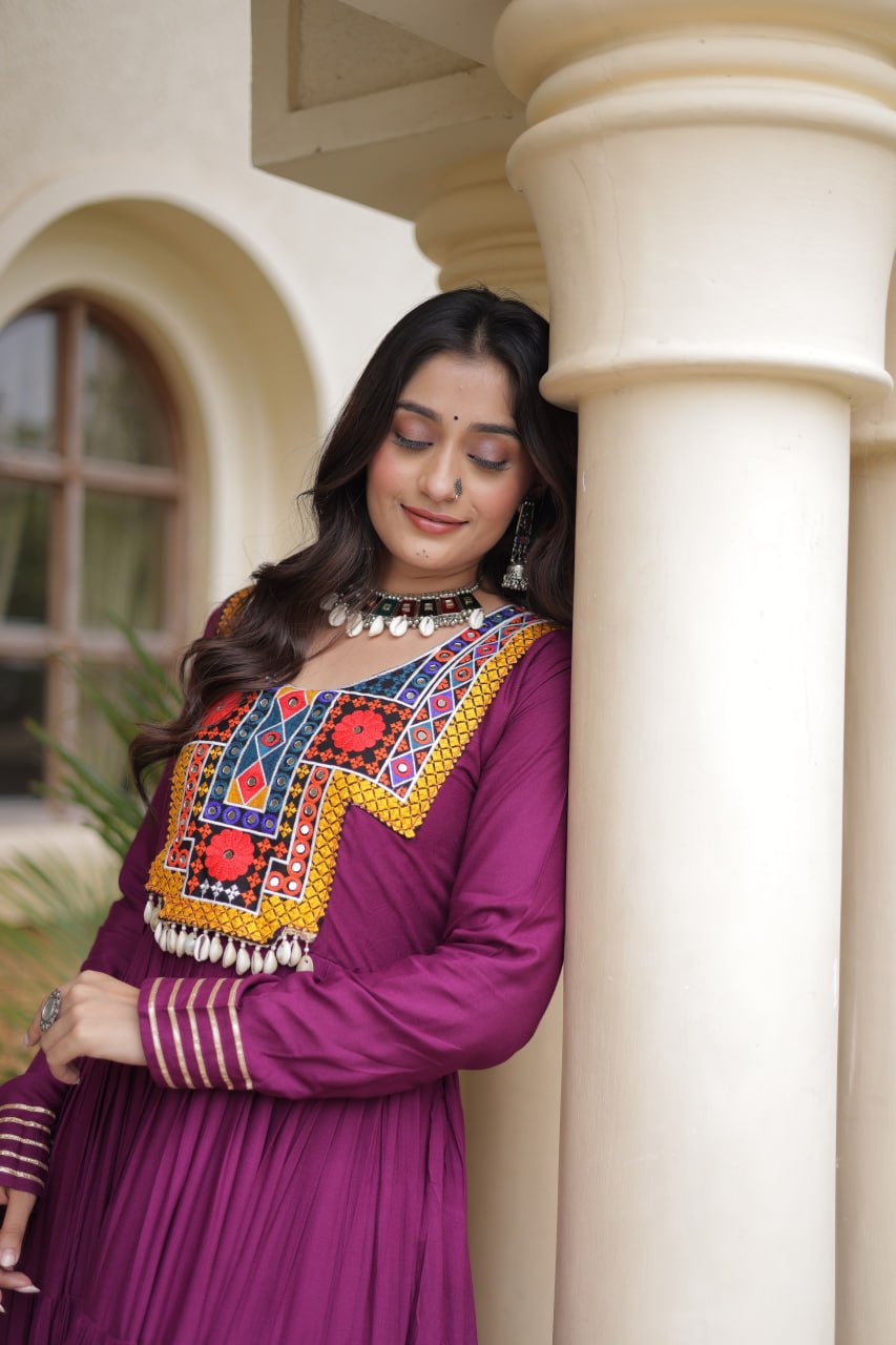 RangBhoomi Navratri Gown Collection 2026 — Wine, Rama & White Embroidered Mirror Work Gown