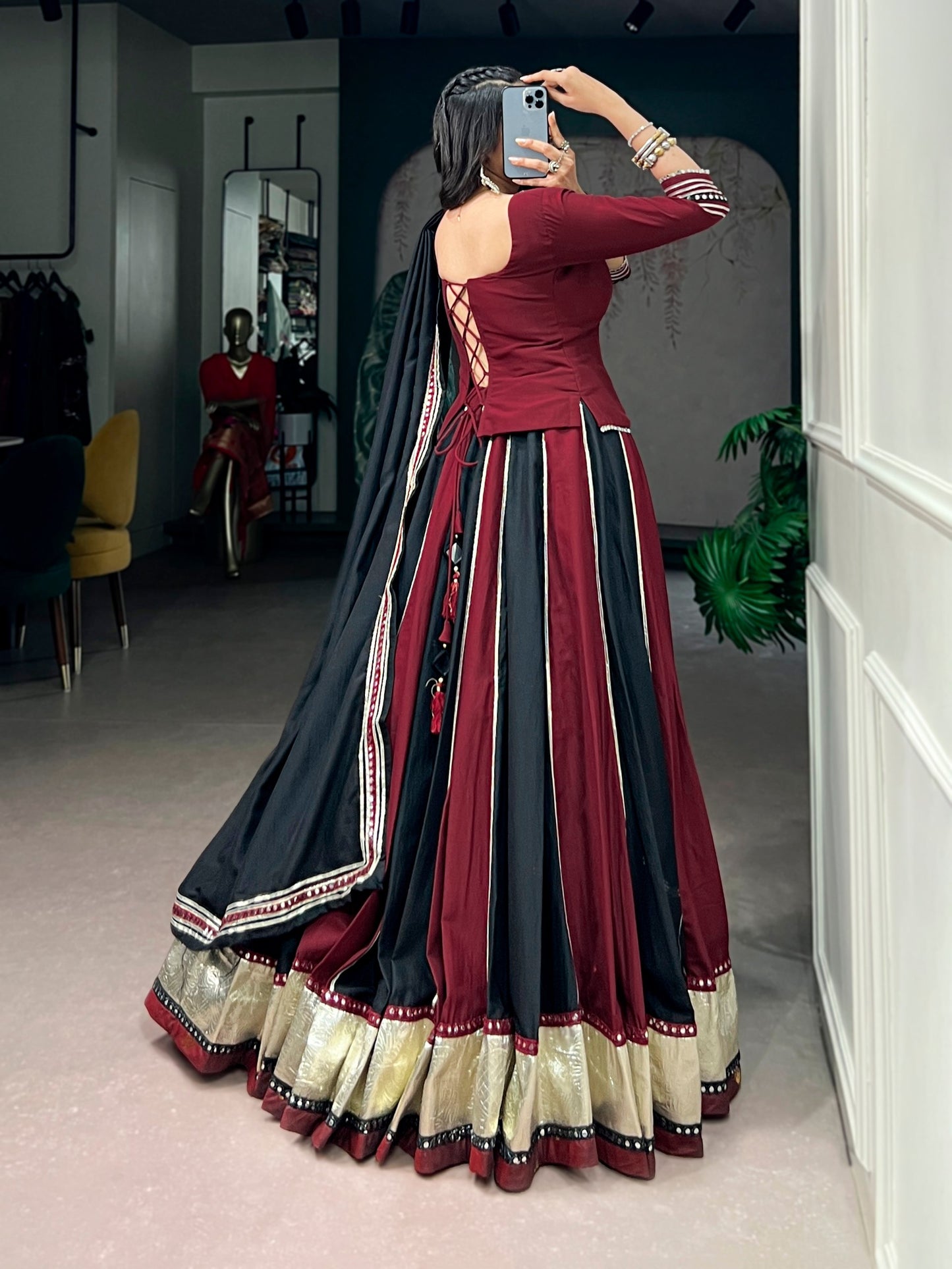RangBhoomi Navratri Collection 2026 — Chinon Embossed Mirror Lehenga Set