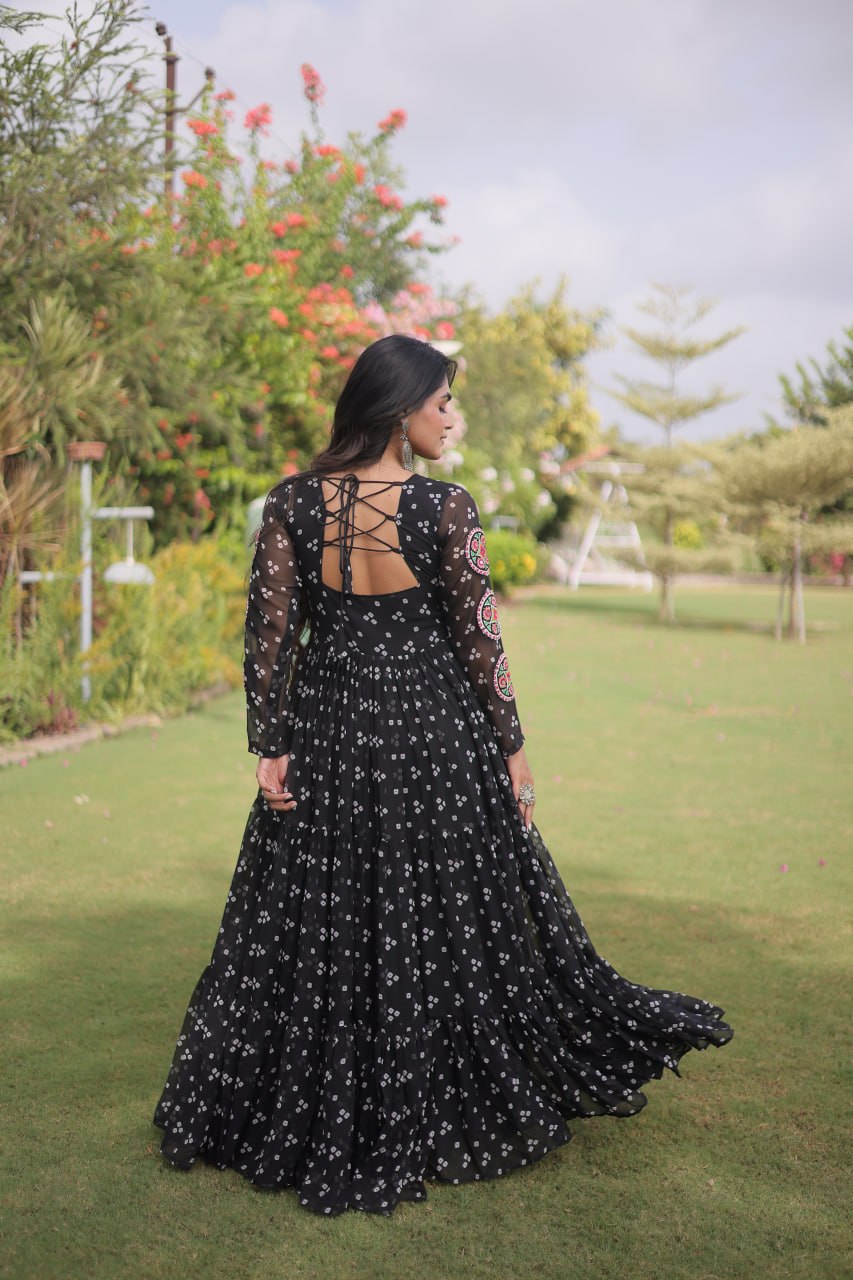 RangBhoomi Bandhani & Kutchi Patchwork Faux Georgette Gown — Full Sleeve, 12m Flair, Cotton Lining