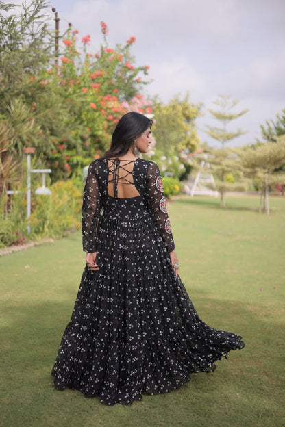 RangBhoomi Bandhani & Kutchi Patchwork Faux Georgette Gown — Full Sleeve, 12m Flair, Cotton Lining