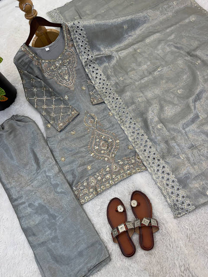Elegant Designer Party Wear Top, Palazzos, and Dupatta Set with Intricate Heavy Embroidery and Beaded Detailing