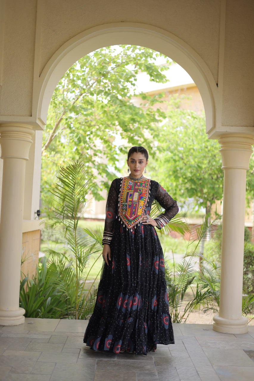 RangBhoomi Bandhani & Kutchi Patchwork Faux Georgette Gown — Navratri Collection 2026