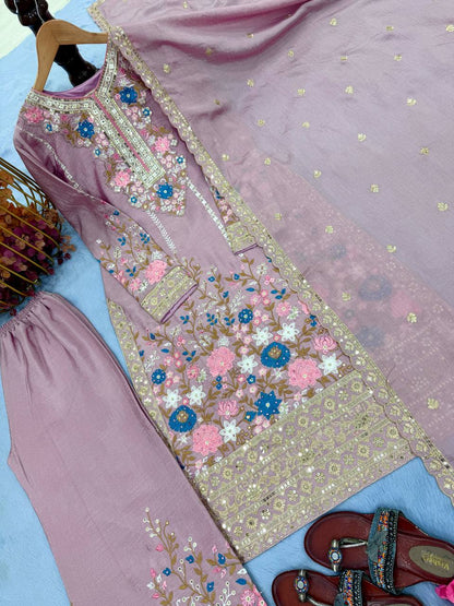 Exclusive New Designer Party Wear Pur Gimmy Chu Top, Palazzo & Dupatta Set for Elegant Celebrations