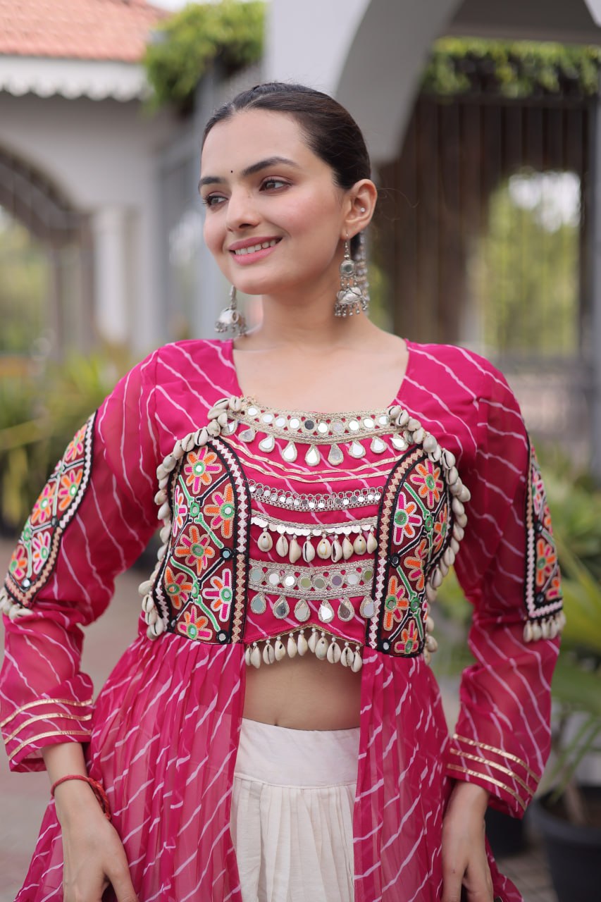 RangBhoomi Kora Cotton Lehenga & Faux Georgette Kurti Set - Full-Stitched, Frilled Lehenga, Laheriya Print Kurti