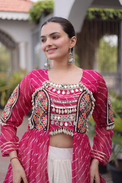 RangBhoomi Kora Cotton Lehenga & Faux Georgette Kurti Set - Full-Stitched, Frilled Lehenga, Laheriya Print Kurti