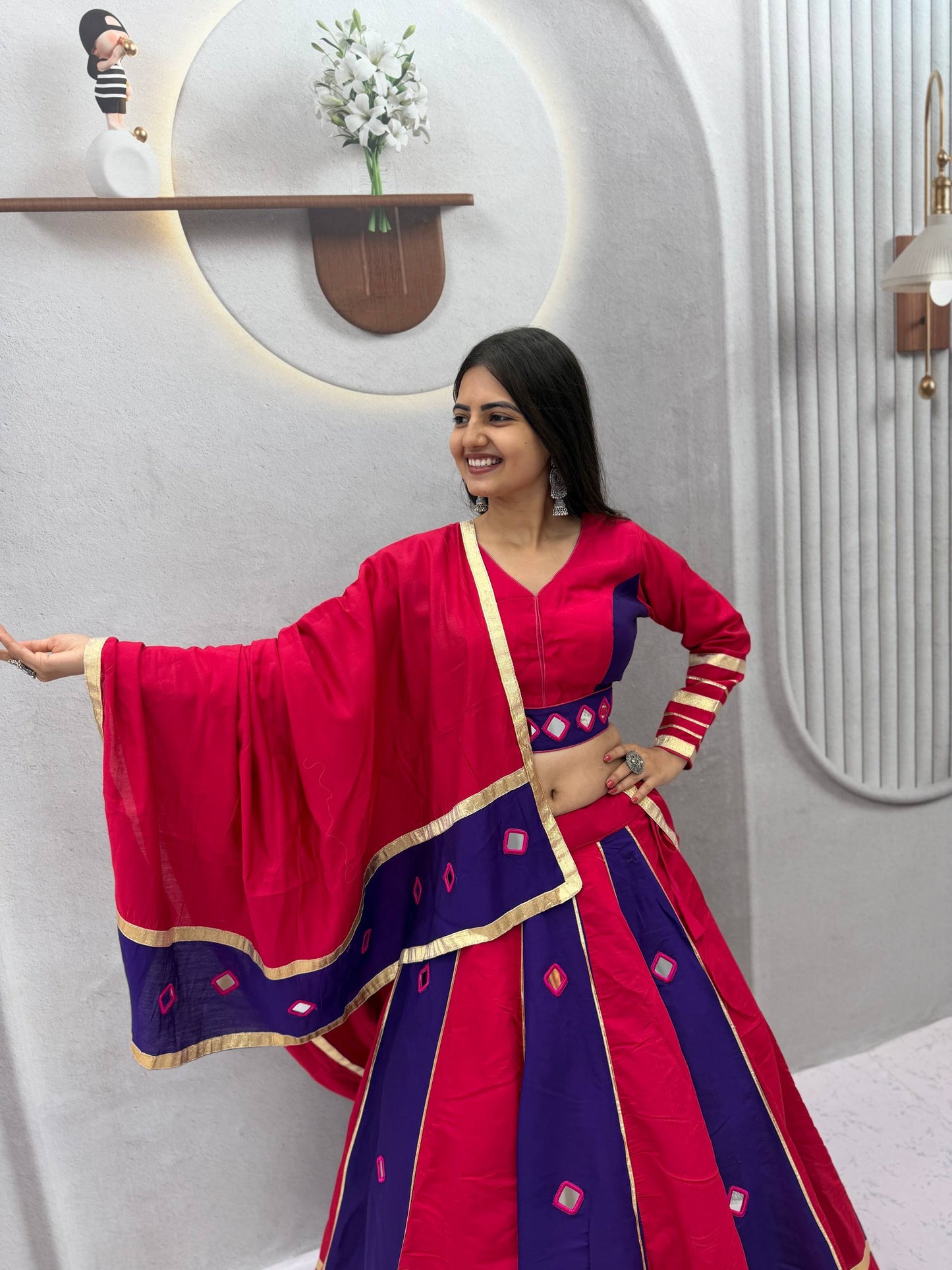 RangBhoomi Navratri Mirror-Work Roman Silk Lehenga Choli - 6+ Meter Flair