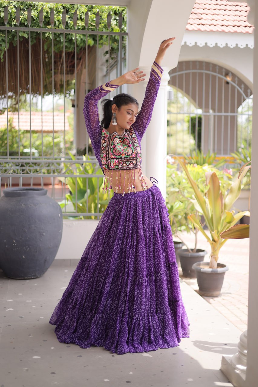 RangBhoomi Bandhni Faux Georgette Full-Stitched Lehenga Set with Designer Square Neck Blouse