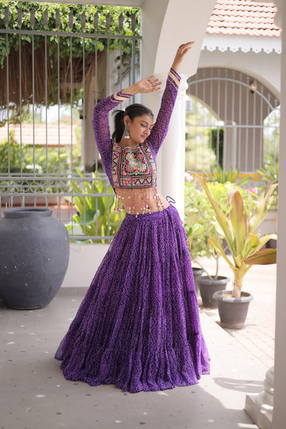 RangBhoomi Bandhni Faux Georgette Full-Stitched Lehenga Set with Designer Square Neck Blouse
