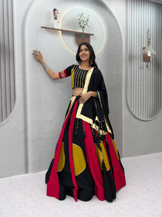 RangBhoomi Navratri Special Pure Cotton Lehenga Choli with Vintage Dupatta — 6m Flair, Multicolour Kali Work
