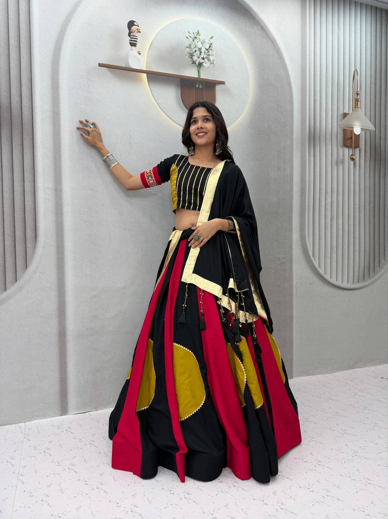 RangBhoomi Navratri Special Pure Cotton Lehenga Choli with Vintage Dupatta — 6m Flair, Multicolour Kali Work