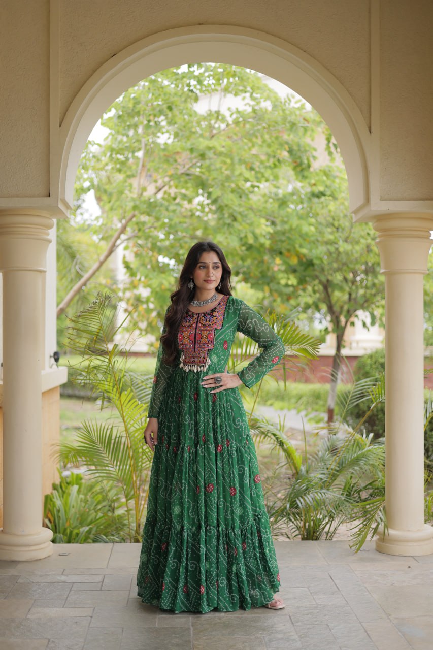 RangBhoomi Bandhani & Kutchi Patchwork Faux Georgette Gown — Festive Navratri Edition