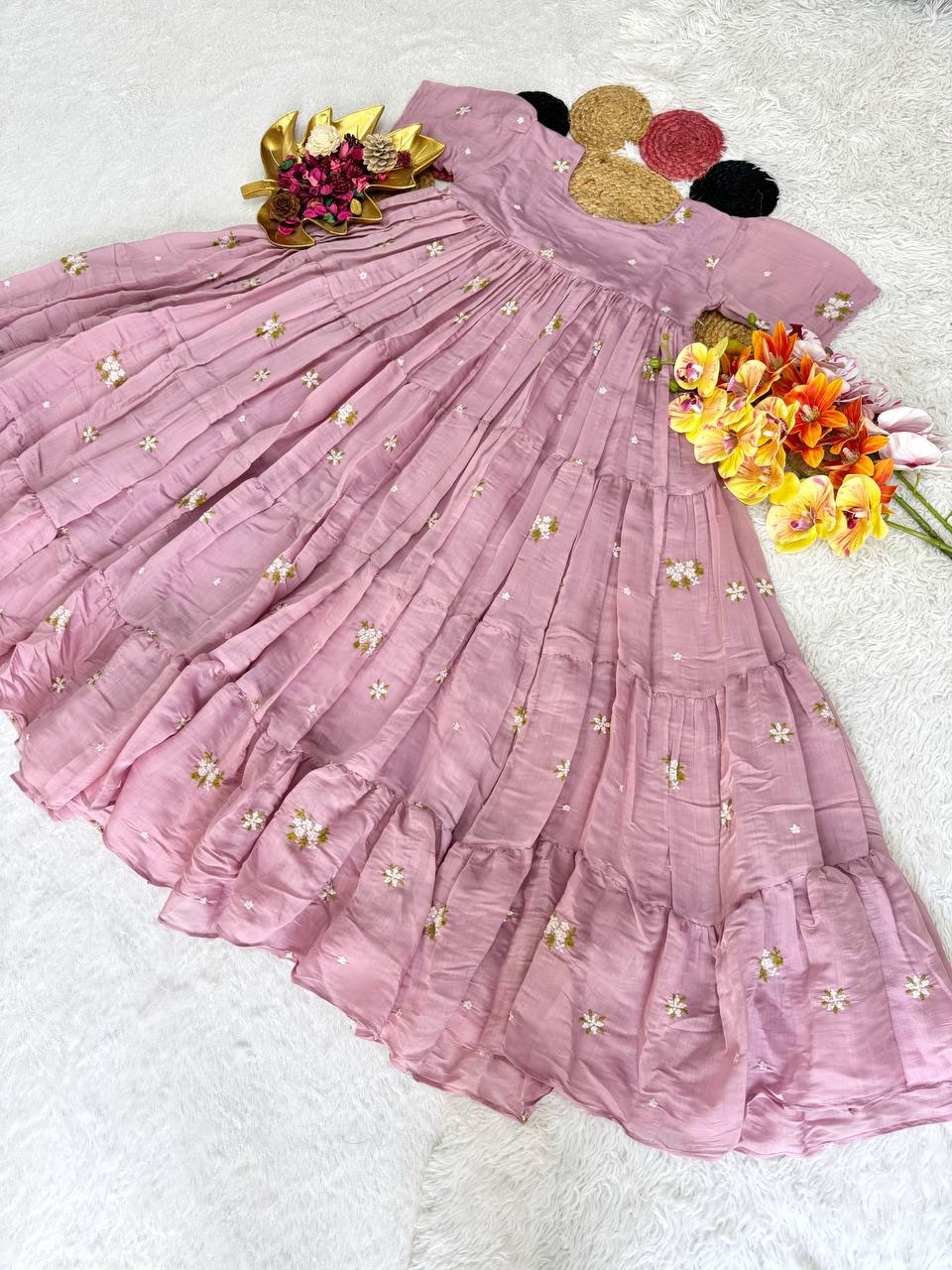 Elegant Floral Mull Cotton Chanderi Midi Gown for Summer – Embroidered, Fully Stitched, Available in Multiple Sizes