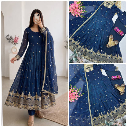 RangBhoomi Designer Embroidered Heavy Crunchy Silk Gown Set with Dupatta & Pants