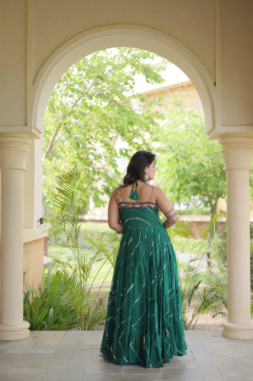 RangBhoomi Navratri Laheriya Patchwork Faux Georgette Gown - Sleeveless 56" Length, L (Adjustable 38-44)