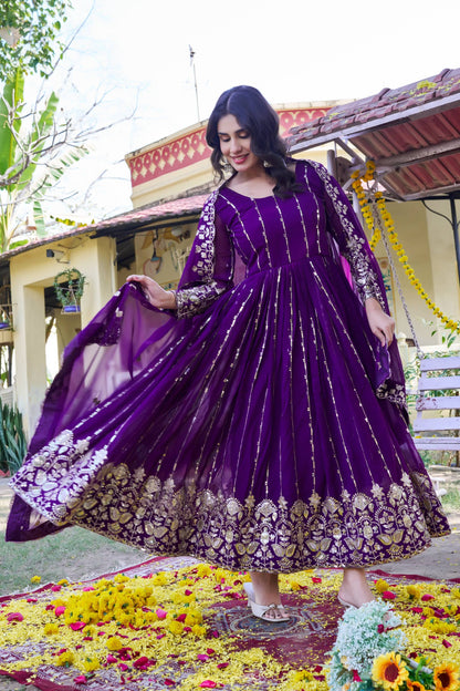 RangBhoomi New Festival Collection Long Gown with Dupatta – Elegant Fox Georgette Fabric with Heavy Sequence Embroidery