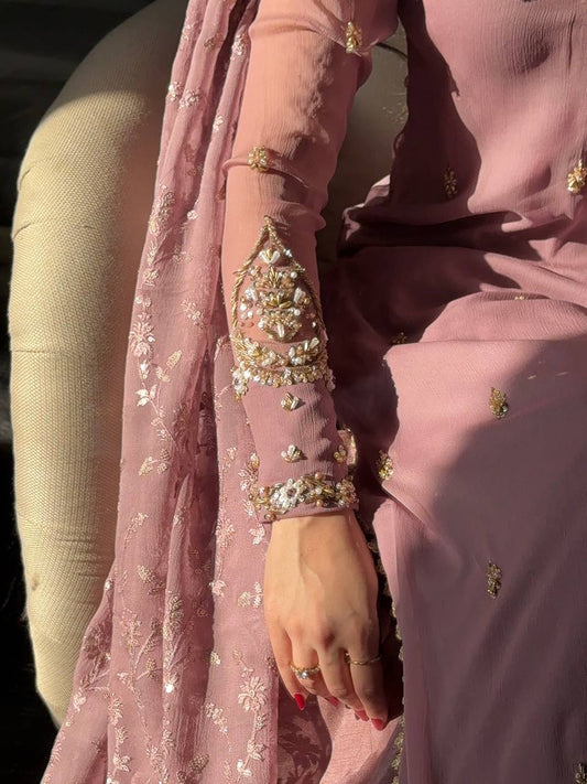 Embroidered Sequined Faux Georgette Top, Bottom, and Dupatta Set – Fully Stitched and Ready to Wear