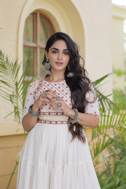 RangBhoomi Navratri Embroidered Kora Cotton Gown — Off-White & Black, 56" Length