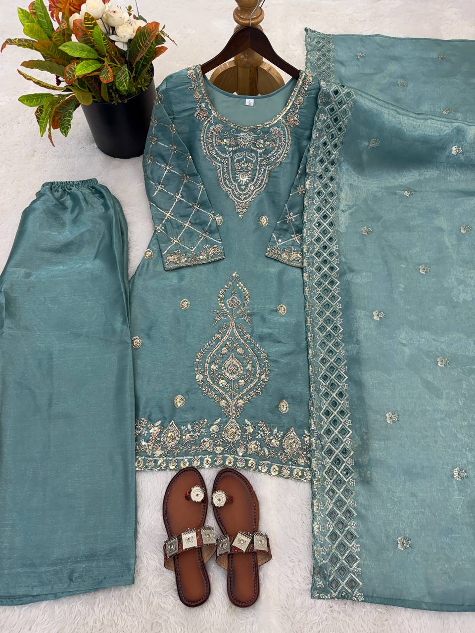 Elegant Designer Party Wear Top, Palazzos, and Dupatta Set with Intricate Heavy Embroidery and Beaded Detailing