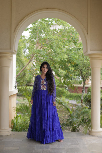 RangBhoomi Navratri Gown 2026 – Laheriya Print with Kutchi Patchwork, Faux Georgette Lined Cotton, Full Sleeve, 56 Inch Length