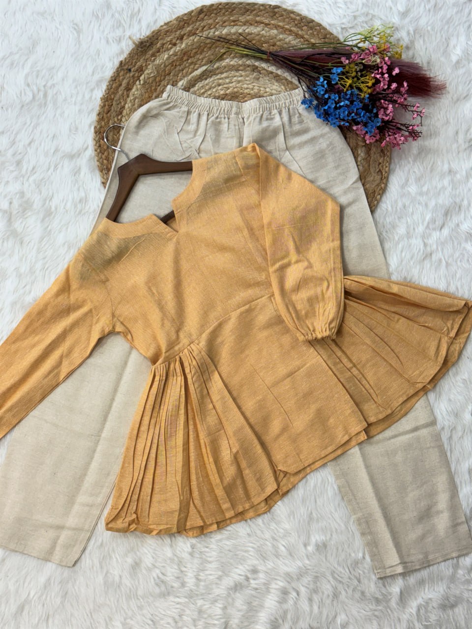 RangBhoomi Elegant Linen Cotton Top and Pant Set – Full-Sleeve Frill Stitch Top with Elastic Waist Pants in Parrot, Peach, and Yellow