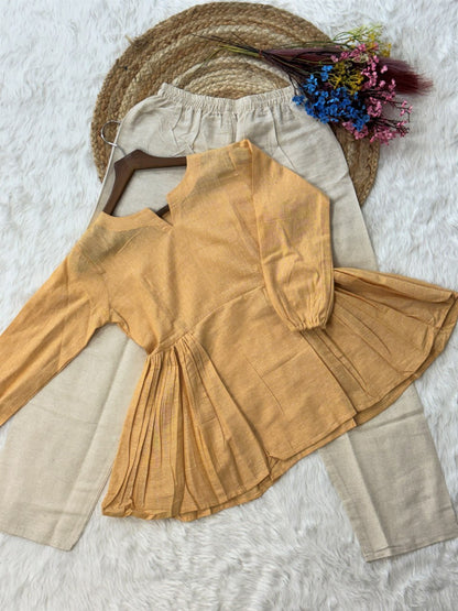 RangBhoomi Elegant Linen Cotton Top and Pant Set – Full-Sleeve Frill Stitch Top with Elastic Waist Pants in Parrot, Peach, and Yellow