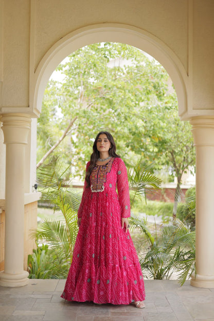 RangBhoomi Bandhani & Kutchi Patchwork Faux Georgette Gown — Festive Navratri Edition