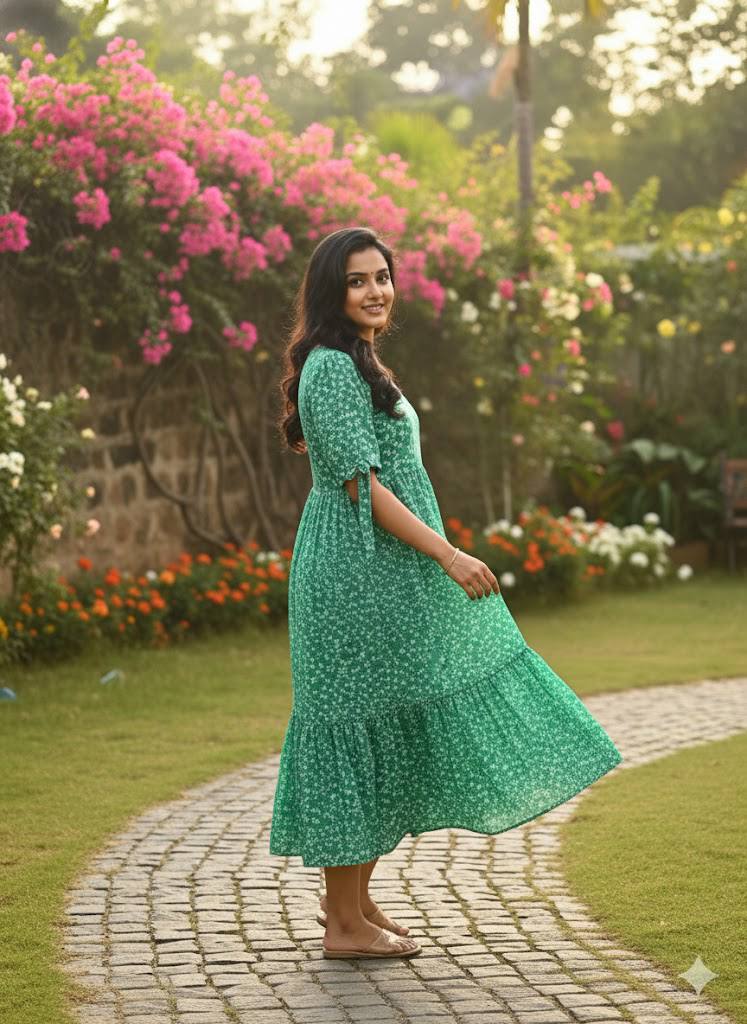 Side view of the elegant green floral maxi dress with short tie sleeves and a flowing tiered skirt.