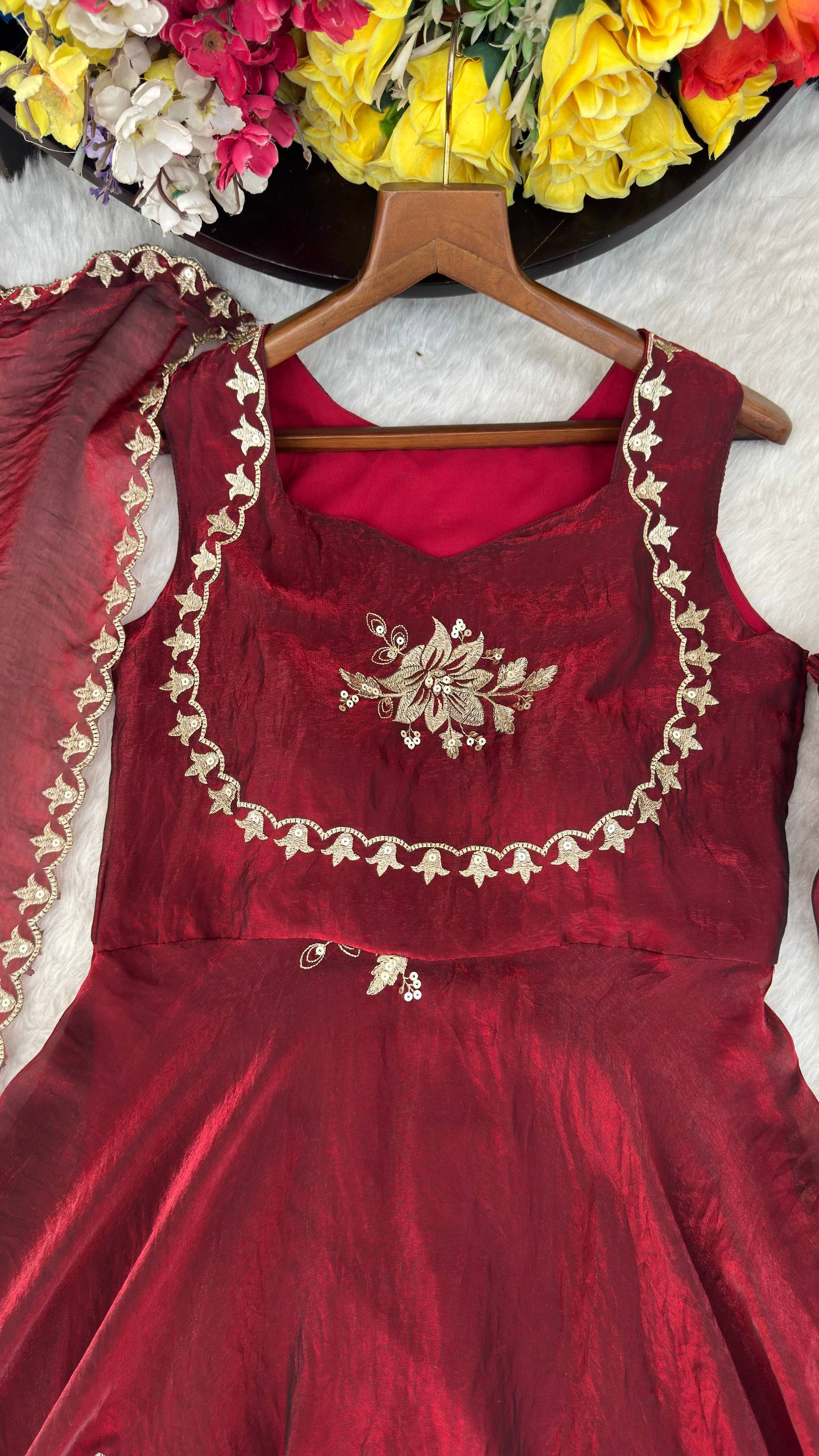 Elegant Party Wear Fendi Satin Gown Set with Dupatta and Pants Featuring 3mm Metallic Sequins and Intricate Zari Embroidery