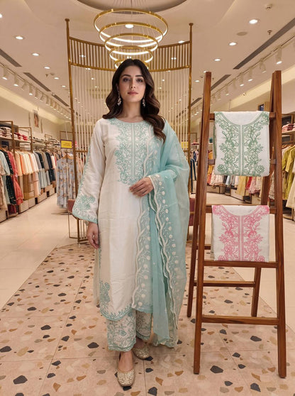Elegant Party Wear Set Featuring Premium Roman Glass Embroidered Top with Fancy Bell Sleeves and Stylish Palazzo Pants with Dupatta