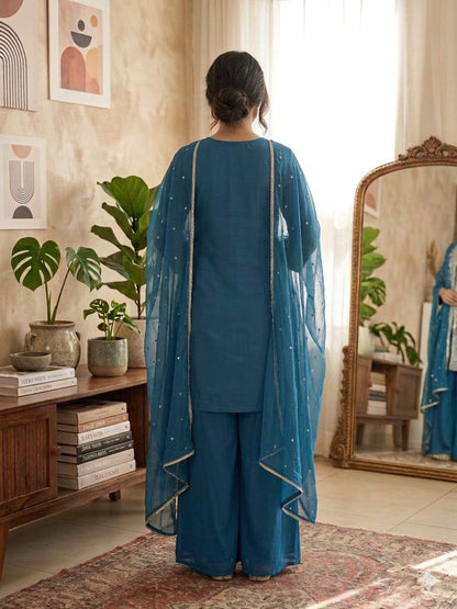 Luxury Fusion Style Designer Ensemble – Elegant Roman Silk Set with Embroidery, Sequins & Nazmeen Dupatta