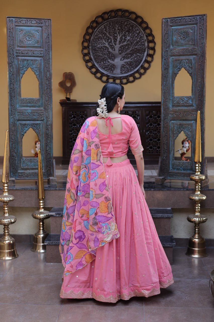 Elegant Lehengha Choli Set with Embroidered Cosmos Silk and Printed Tabby Silk Dupatta