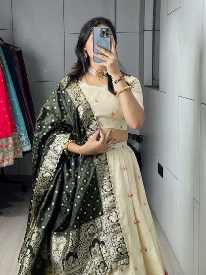 RangBhoomi Paithani Silk Lehenga Choli – Vibrant Traditional Maharashtrian Ethnic Wear with Gold Zari Detailing and Satin Silk Dupatta