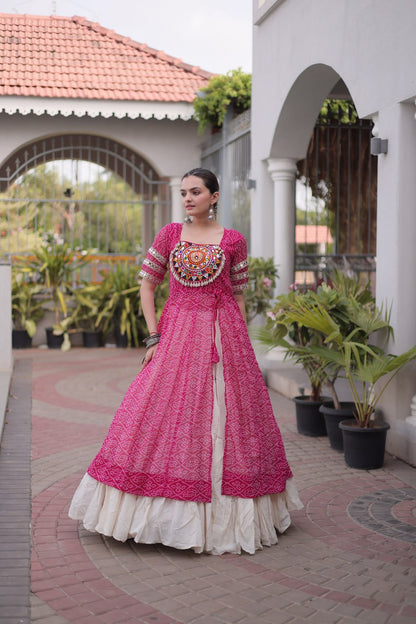 RangBhoomi Navratri 2026 Bandhani Lehenga Set — Full-Stitched Kora Cotton Lehenga with Faux Georgette Kurti