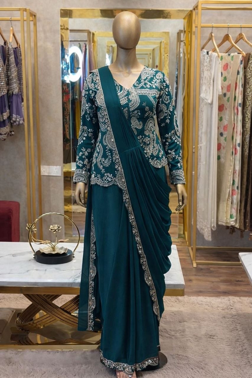 Elegant Ready-to-Wear Saree with Full Embroidered Sequined Jacket in Luxurious Heavy Chinon Fabric