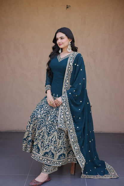 RangBhoomi Premium Readymade Gown with Pant & Dupatta Set - Embroidered Faux Blooming Festive Ensemble