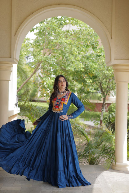 RangBhoomi Navratri Gown Collection 2026 — Wine, Rama & White Embroidered Mirror Work Gown