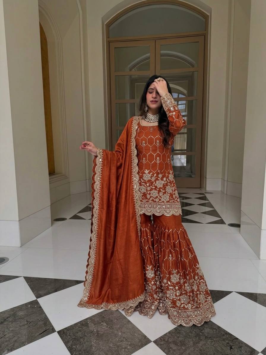 Elegant Sharara Set in Luxurious Heavy GMY Silk with Intricate Mirror and Sequins Embroidery – Top, Bottom, and Dupatta Ready to Wear by RangBhoomi