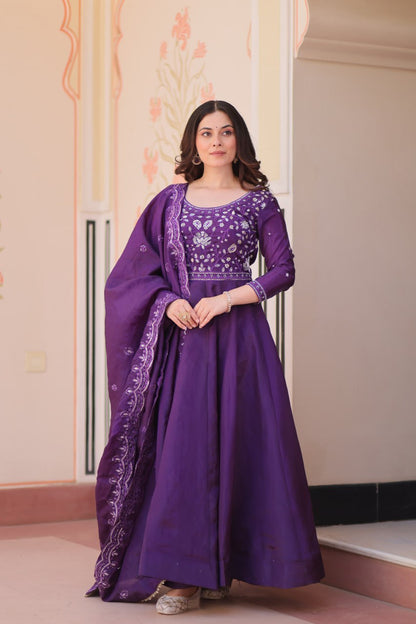 Elegant Gold Crush Embroidered Gown and Designer Dupatta Set