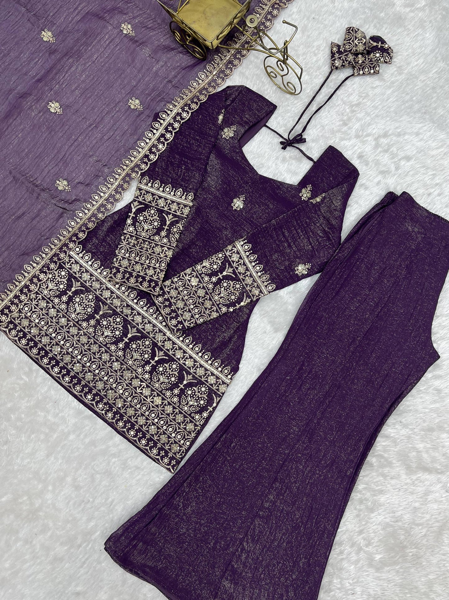 Elegant Ready-to-Wear Crunchy Silk Ensemble with Embroidered Sequences, Jari Detailing, Dupatta, and Bell-Bottom Pants