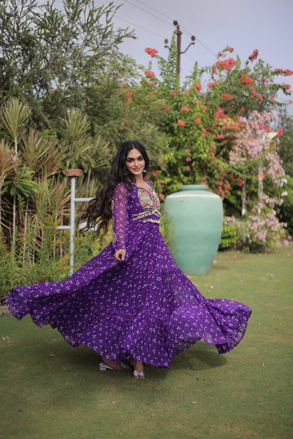 RangBhoomi Bandhani & Kutchi Patchwork Faux Georgette Gown — Full Sleeve, 12m Flair, Cotton Lining