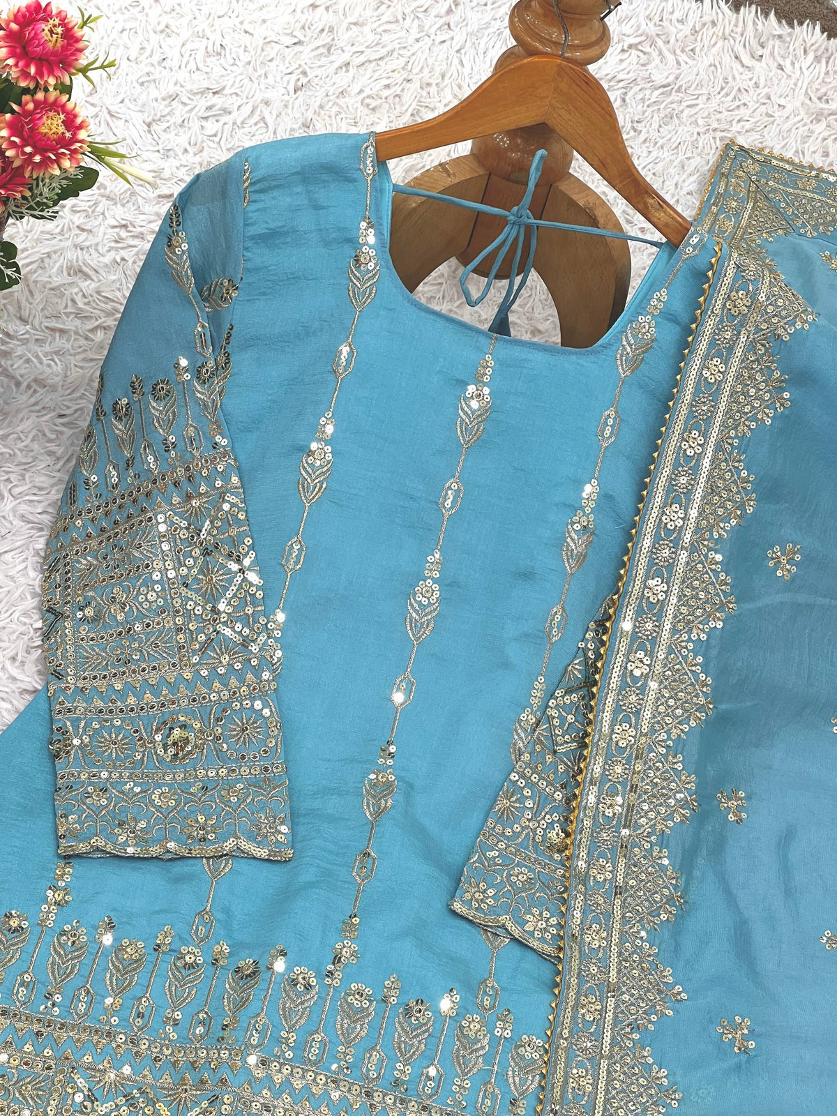 RangBhoomi Heavy Vichitra Silk Embroidered Top, Sharara & Dupatta Set
