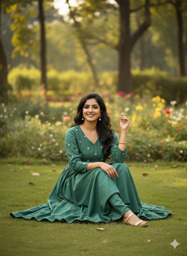 Woman in a green Farheen co-ord set, Roman silk, garden backdrop.