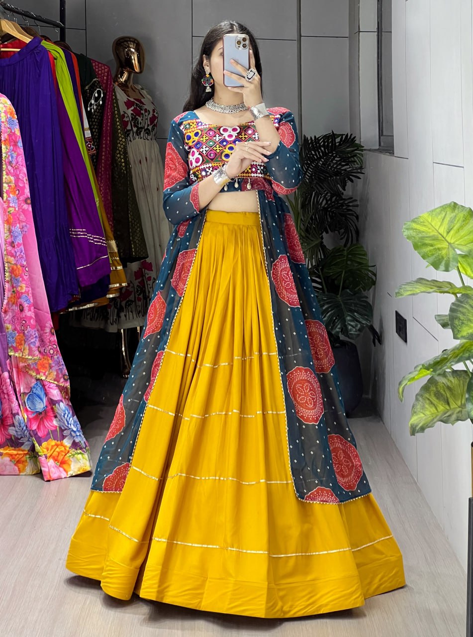 Colorful Bandhani Print Kurtis with Mustard Rayon Cotton Lehenga Sets