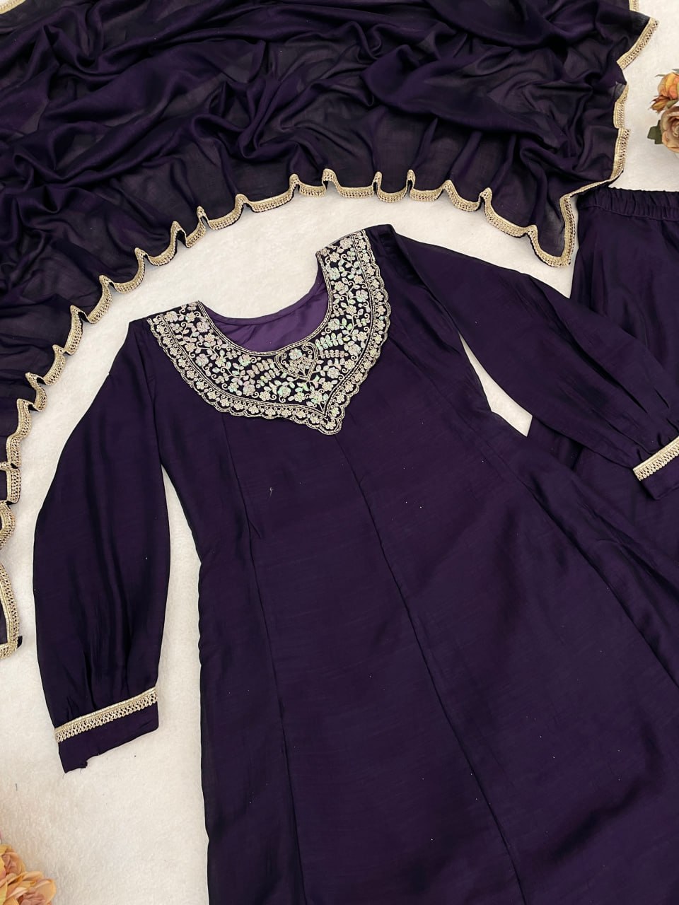 Elegant Traditional Palazzo Suit Set with Embroidered Kurta and Lace-Edged Dupatta