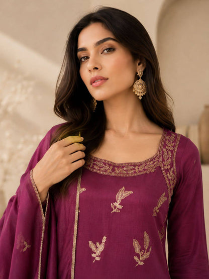 Designer Fusion Style Luxury Edition Women's Ethnic Ensemble – Vichitra Silk Embroidered Top, Palazzo, and Heavy Lace Dupatta