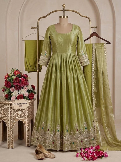 RangBhoomi ZMY Silk Gown, Pants & Dupatta Set - Embroidered Ready-to-Wear Ensemble