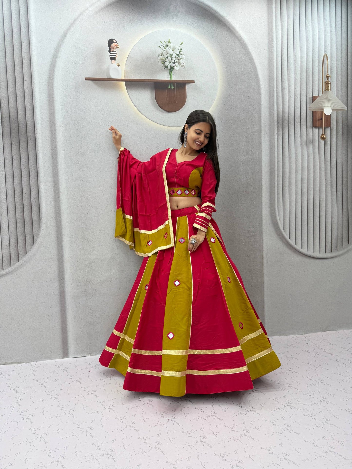 RangBhoomi Navratri Mirror-Work Roman Silk Lehenga Choli - 6+ Meter Flair